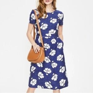 Boden Sierra Royal Blue White Floral Dots Midi Dress Sz 12 (12R) Short Sleeves